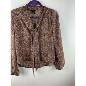 H & M Size 2 Womens Top Brown Print Long Sleeve Bow Tie Front